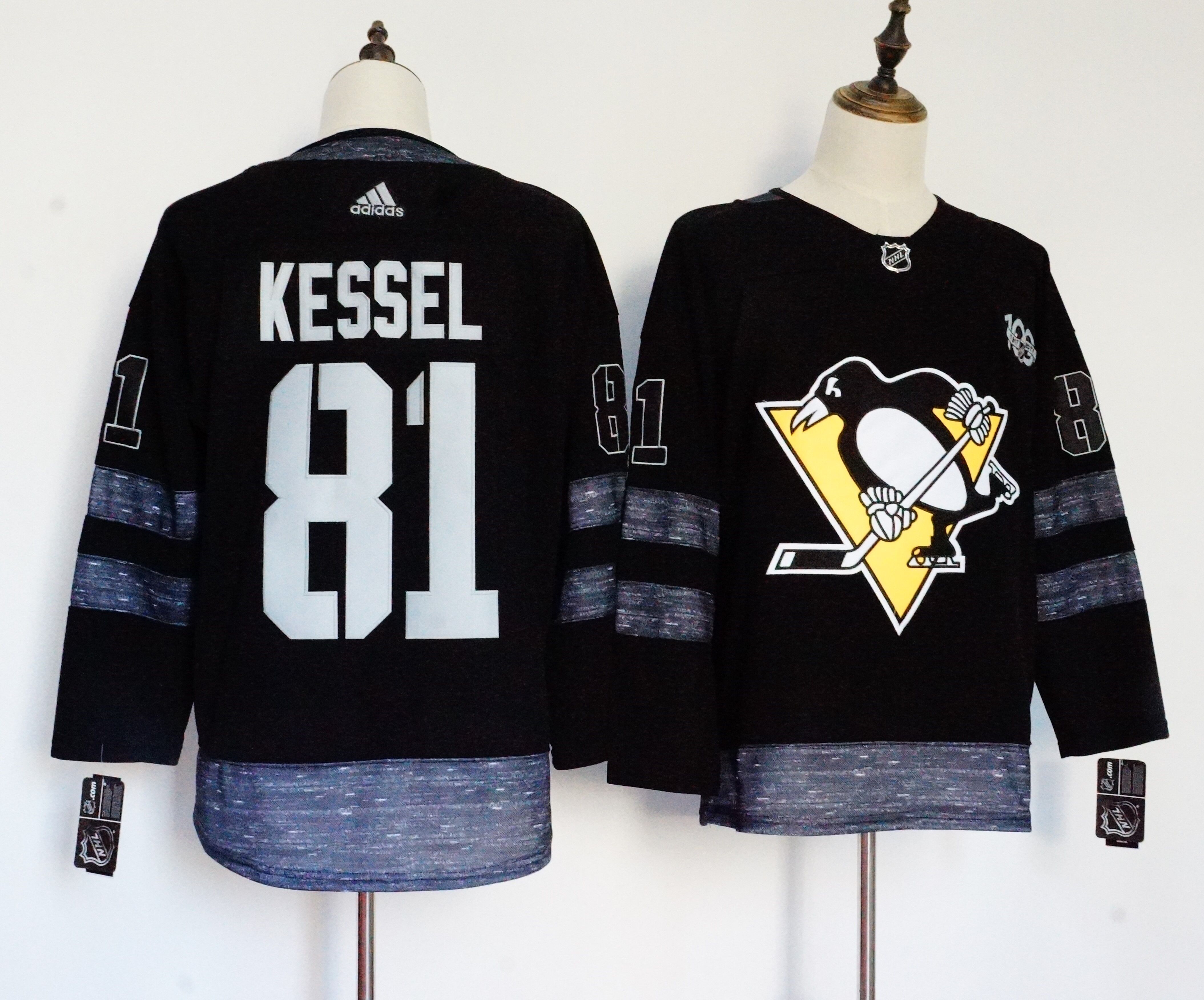 Men Pittsburgh Penguins #81 Kessel Black 100th Anniversary Stitched Adidas NHL Jerseys